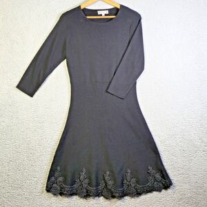 Nanette Lepore M Black Fit Flare Knit Dress Scallop Lace Hem Stretch Classic